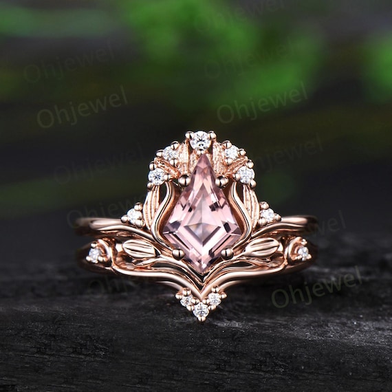 Kite Cut Morganite Ring Vintage Nature Inspired Leaf Unique