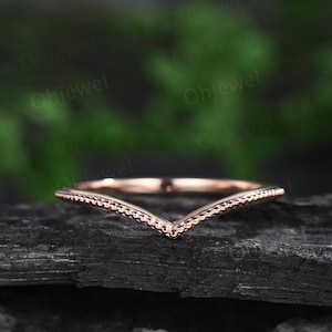 Curved V shaped solitaire wedding band solid 14k rose gold Milgrain art deco stacking matching wedding ring band women 925 sterling silver