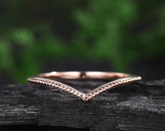 Curved V shaped solitaire wedding band solid 14k rose gold Milgrain art deco stacking matching wedding ring band women 925 sterling silver