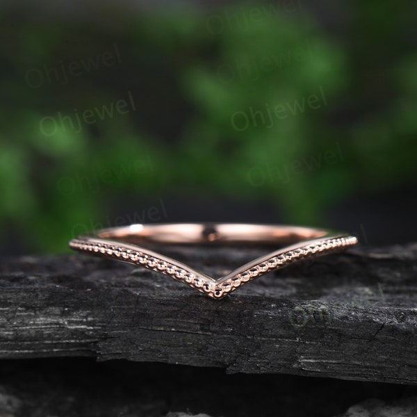 Curved V shaped solitaire wedding band solid 14k rose gold Milgrain art deco stacking matching wedding ring band women 925 sterling silver
