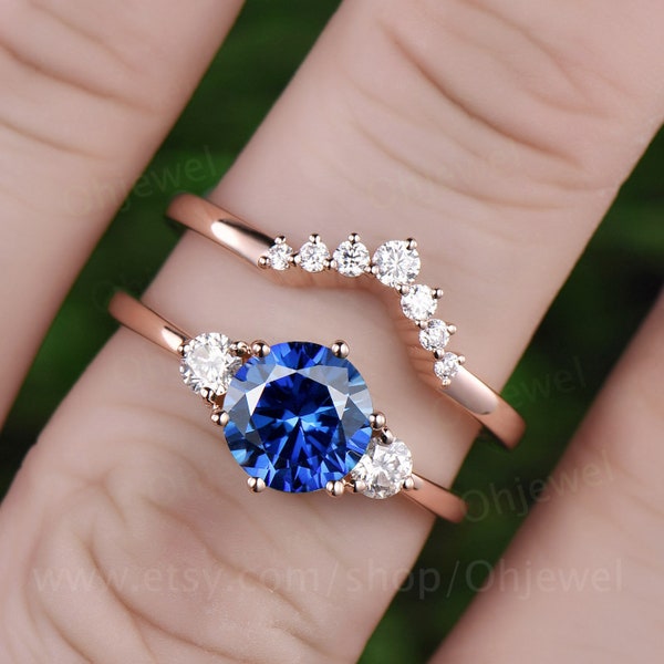 Three stone moissanite ring blue sapphire engagement ring set rose gold 14K/18K sapphire ring vintage crown matching wedding bridal ring set