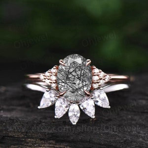 Vintage black rutilated quartz engagement ring set rose gold pear marquise moissanite ring for women unique brial ring set jewelry gift