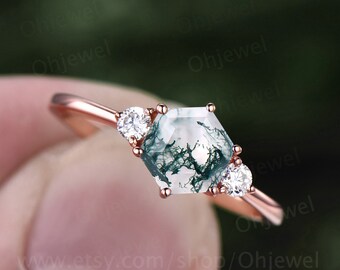 Anello esagonale in agata muschiata, anello di fidanzamento vintage in agata muschiata verde, anello in oro rosa con tre pietre e moissanite per donna, anello nuziale a sei punte, regalo