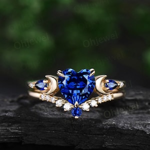 Hartvormige blauwe saffier verlovingsring set geel goud vijf stenen maan peer diamanten belofte bruiloft bruidsring set vrouwen sieraden