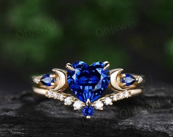 Heart shaped blue sapphire engagement ring set yellow gold five stone moon pear diamond promise wedding bridal ring set women jewelry