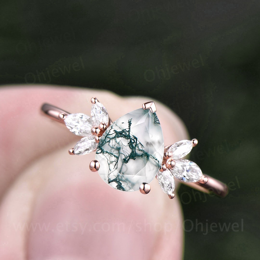 Pear Shaped Moss Agate Engagement Ring Women 7 Stone Ring Vintage Rose ...