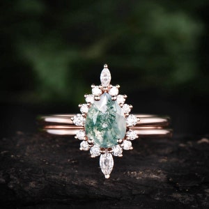 Pear shaped moss agate ring set vintage moss agate engagement ring set marquise moissanite ring set halo ring rose gold ring set for women image 2