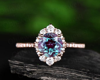 Alexandrite ring for women vintage unique round halo cluster moissanite color change alexandrite engagement ring rose gold wedding gift ring