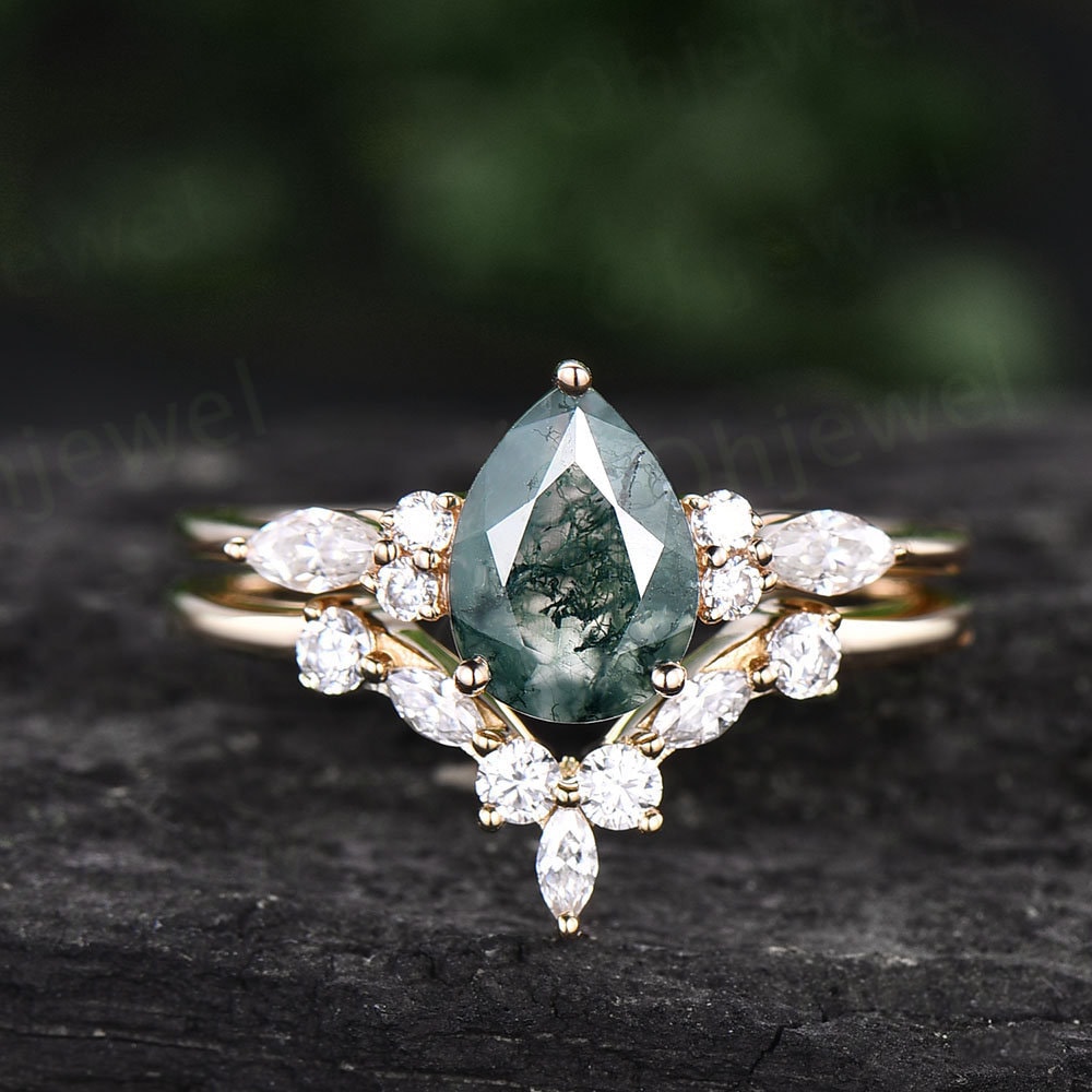 Pear shaped moss agate engagement ring set vintage moss agate Etsy