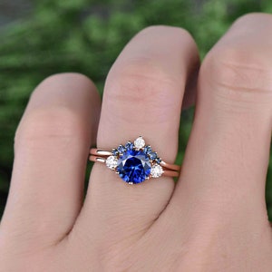 Vintage unique blue sapphire engagement ring set 14k rose gold three stone moissanite ring minimalist bridal wedding ring set for women gift image 3
