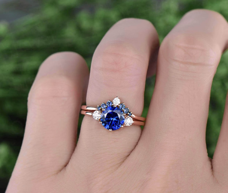 Vintage unique blue sapphire engagement ring set 14k rose gold three stone moissanite ring minimalist bridal wedding ring set for women gift image 3