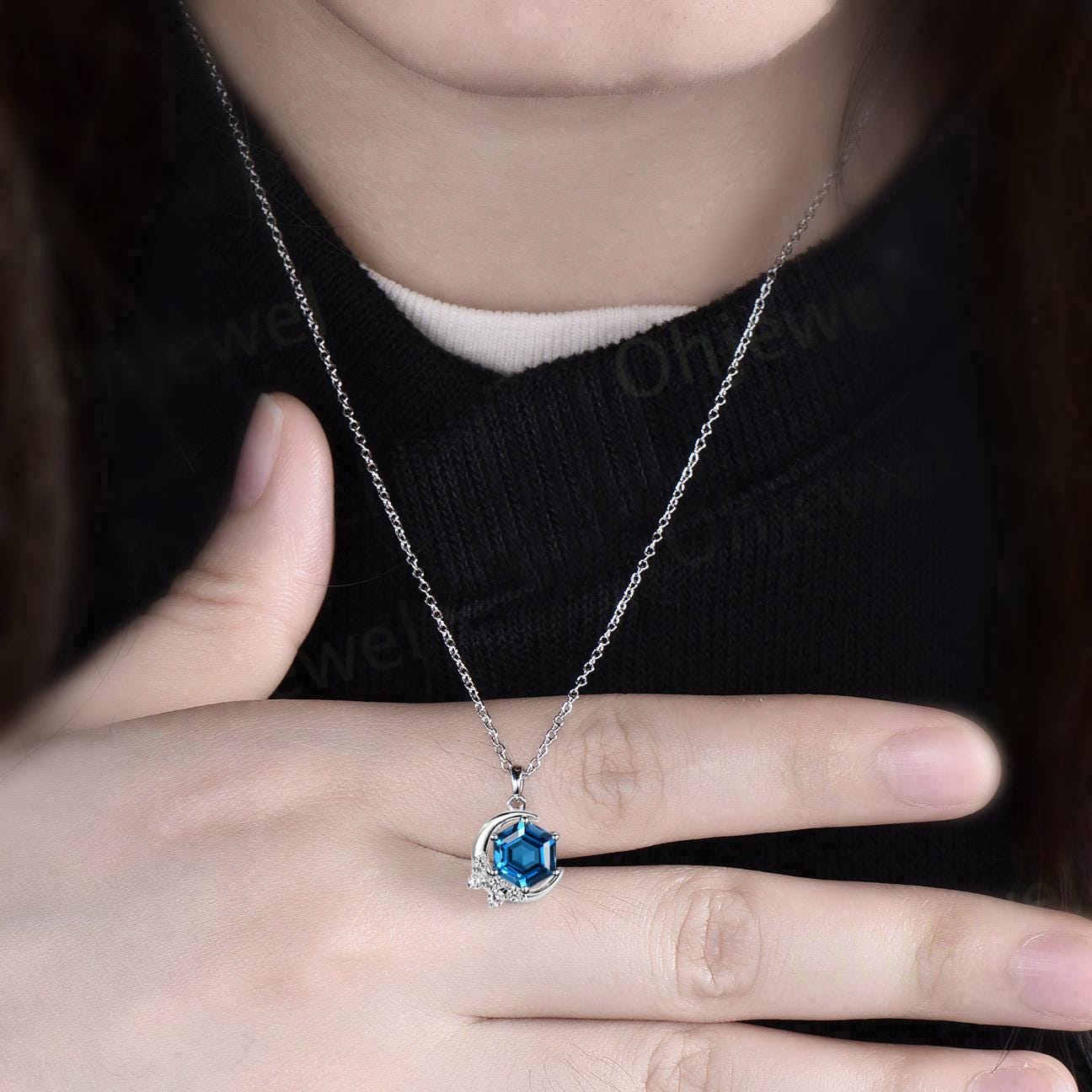 ヴィンテージ 六角形カット ロンドン ブルー トパーズ ネックレス 14k 