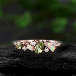 Dainty pear peridot ring vintage art deco Baguette cut opal ring 14k rose gold unique cluster moissanite wedding band anniversary gift