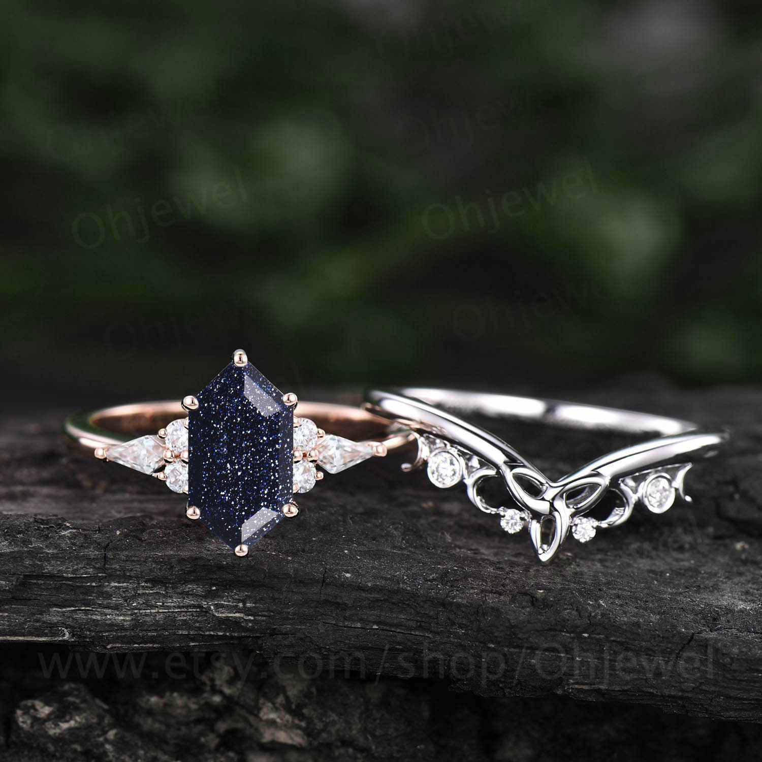 Hexagon Cut Blue Goldstone Ring Vintage Blue Sandstone