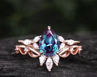 Vintage päron Alexandrit förlovningsring set blomma marquise moissanit ring roséguld sterlingsilverring kvinnor unik vigselring set