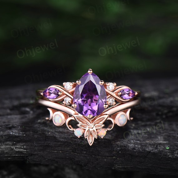 Amethyst Moissanite Engagement Ring 6x8mm Pear Cut Amethyst Ring Yellow Gold