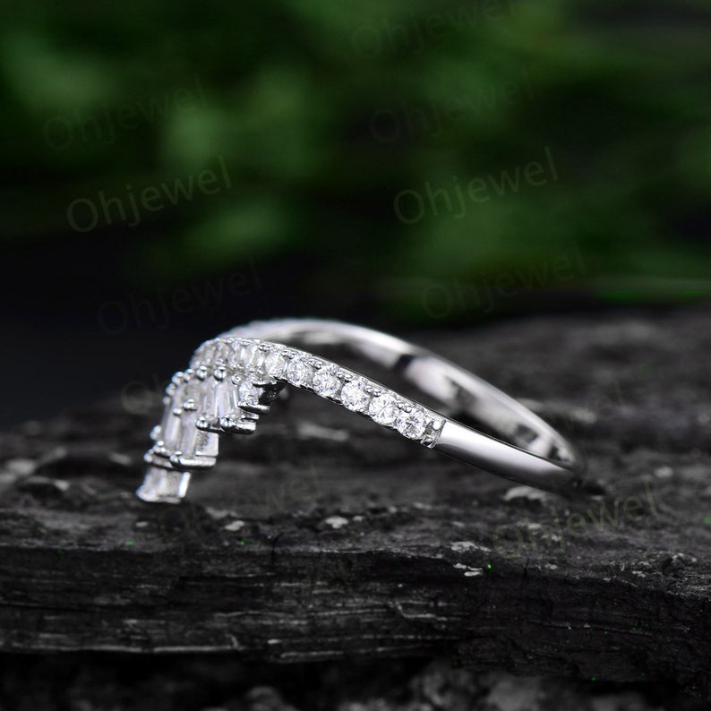 Vintage Baguette Cut Moissanite Wedding Band 14k White Gold Half ...