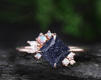 Princess cut blue sandstone ring vintage rose gold unique cluster engagement ring art deco diamond opal wedding anniversary ring gift