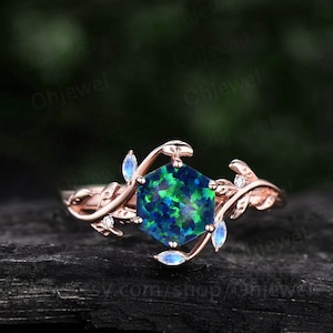Vintage Hexagon black opal engagement ring art deco nature inspired moonstone ring women leaf rose gold branch promise wedding ring gift