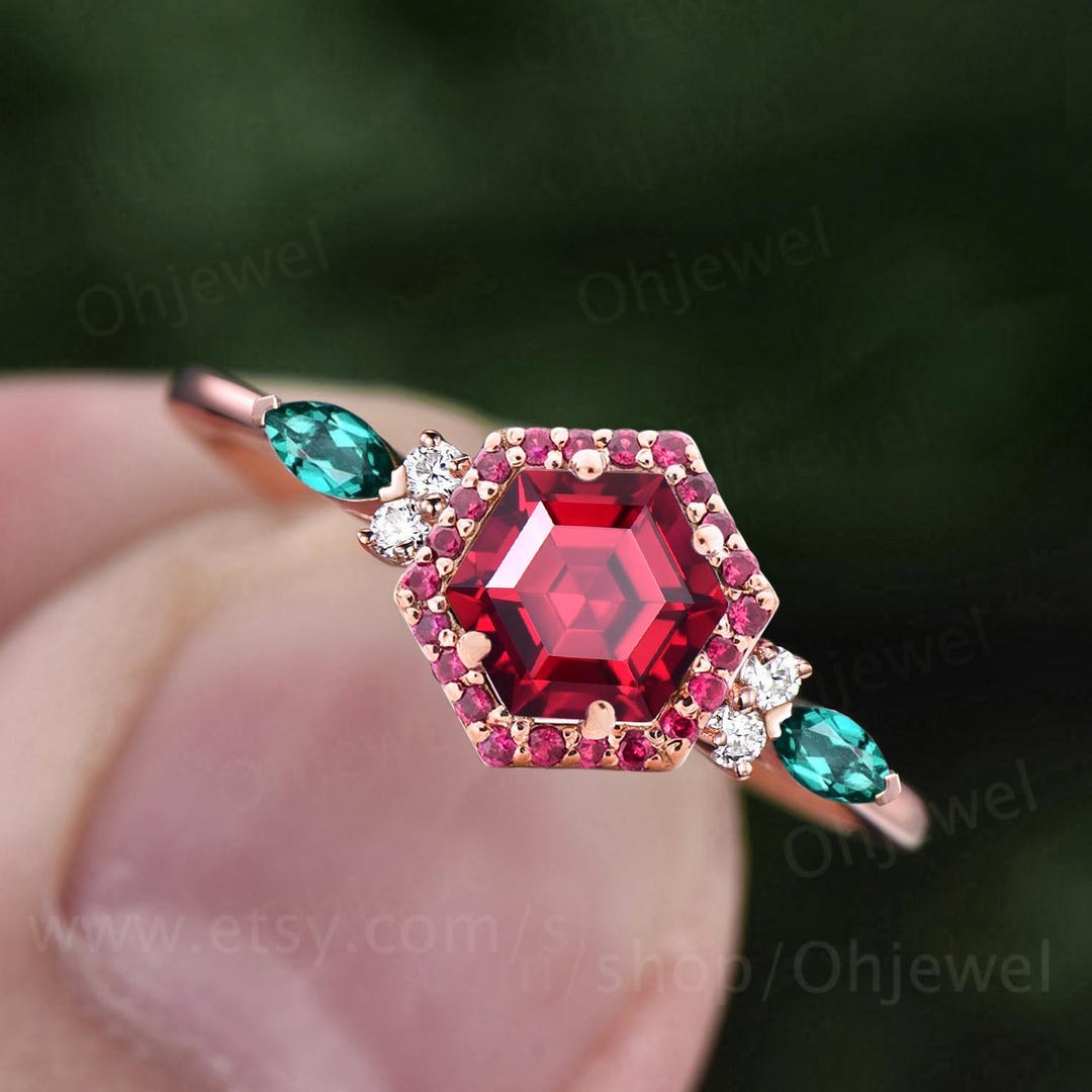 Hexagon Cut Red Ruby Engagement Ring Vintage Halo V Prong Marquise ...