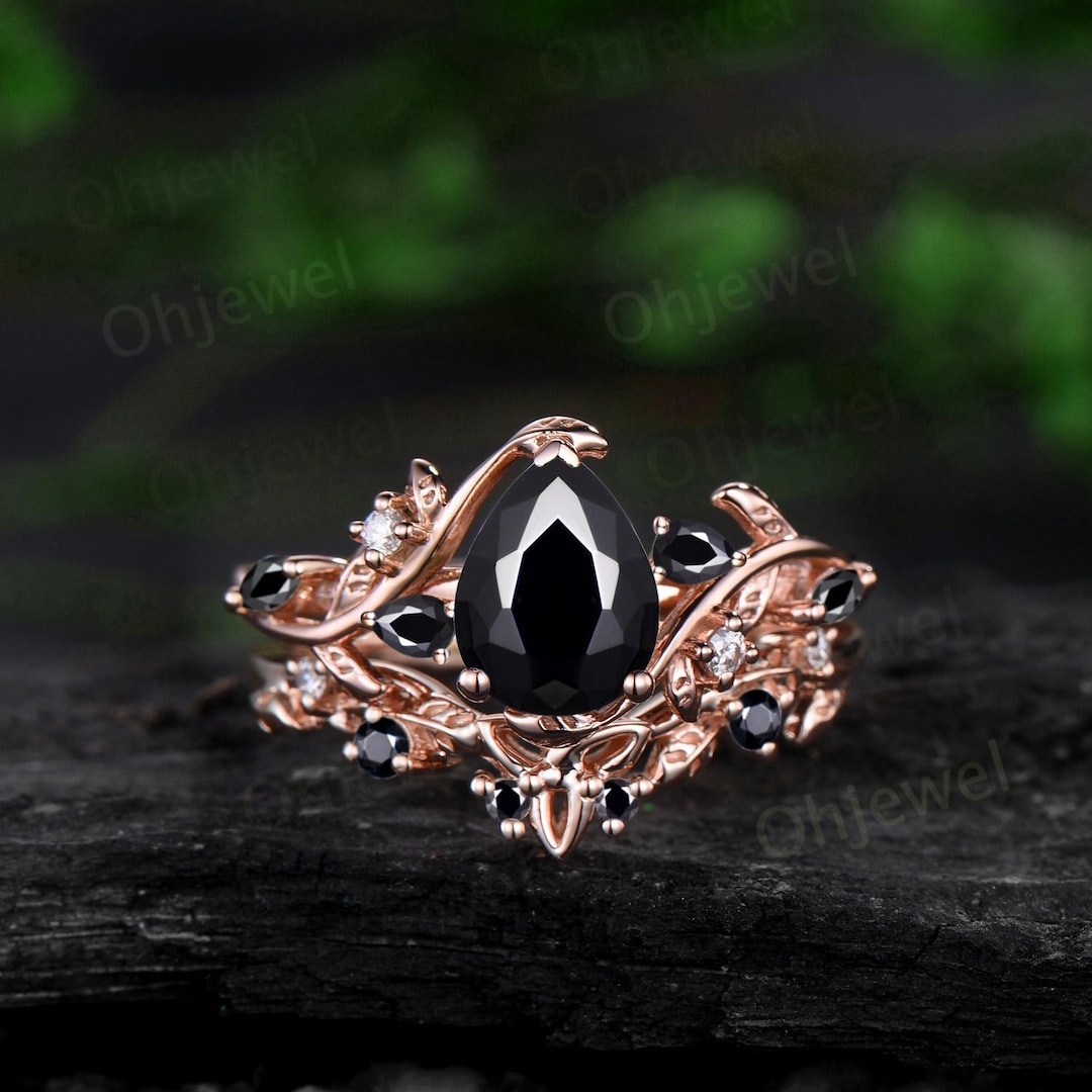 Pear Shaped Black Onyx Engagement Ring Set Rose Gold Vine Leaf