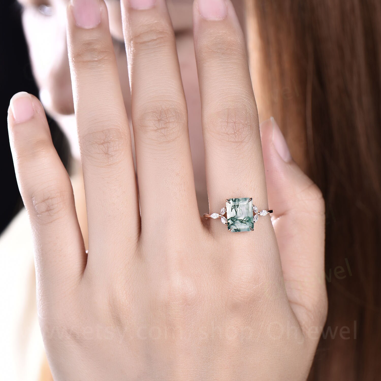 Green Moss Agate Ring Vintage Moss Agate Engagement Ring Rose Gold ...
