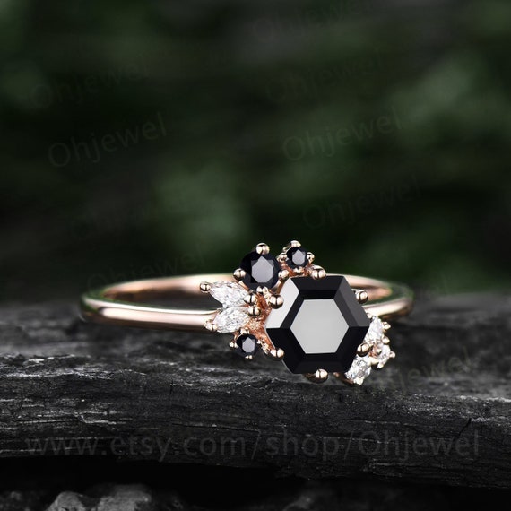 Emerald Cut Black Onyx Engagement Ring Set Diamond Cluster Yellow Gold Engagement  Ring Unique Curved Band Bridal Gift for Women - Etsy | Black engagement ring,  Onyx engagement ring, Black onyx engagement ring