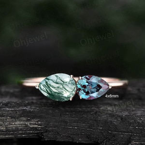 Dainty pear moss agate ring vintage alexandrite ring rose gold two stone ring unique east to west engagement ring women anniversary ring