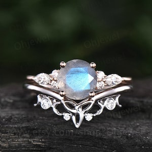 Round labradorite engagement ring set art deco vintage 7 stone moissanite ring for women unique wedding ring set rose gold sterling silver
