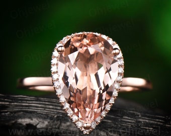 3.5ct pink morganite engagement ring rose gold 14K/18K pear 8x12mm big morganite ring diamond halo ring vintage wedding promise bridal ring
