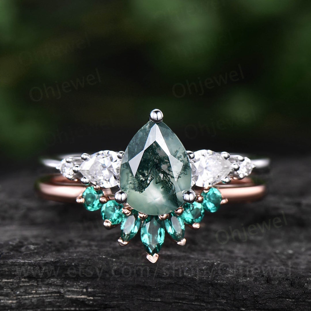 Vintage Moss Agate Ring Gold Silver for Women Pear Moss Agate ...
