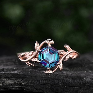 Takje zeshoek alexandriet verlovingsring blad art deco takken unieke vintage solitaire 14k roségouden verlovingsring voor vrouwen bruiloft