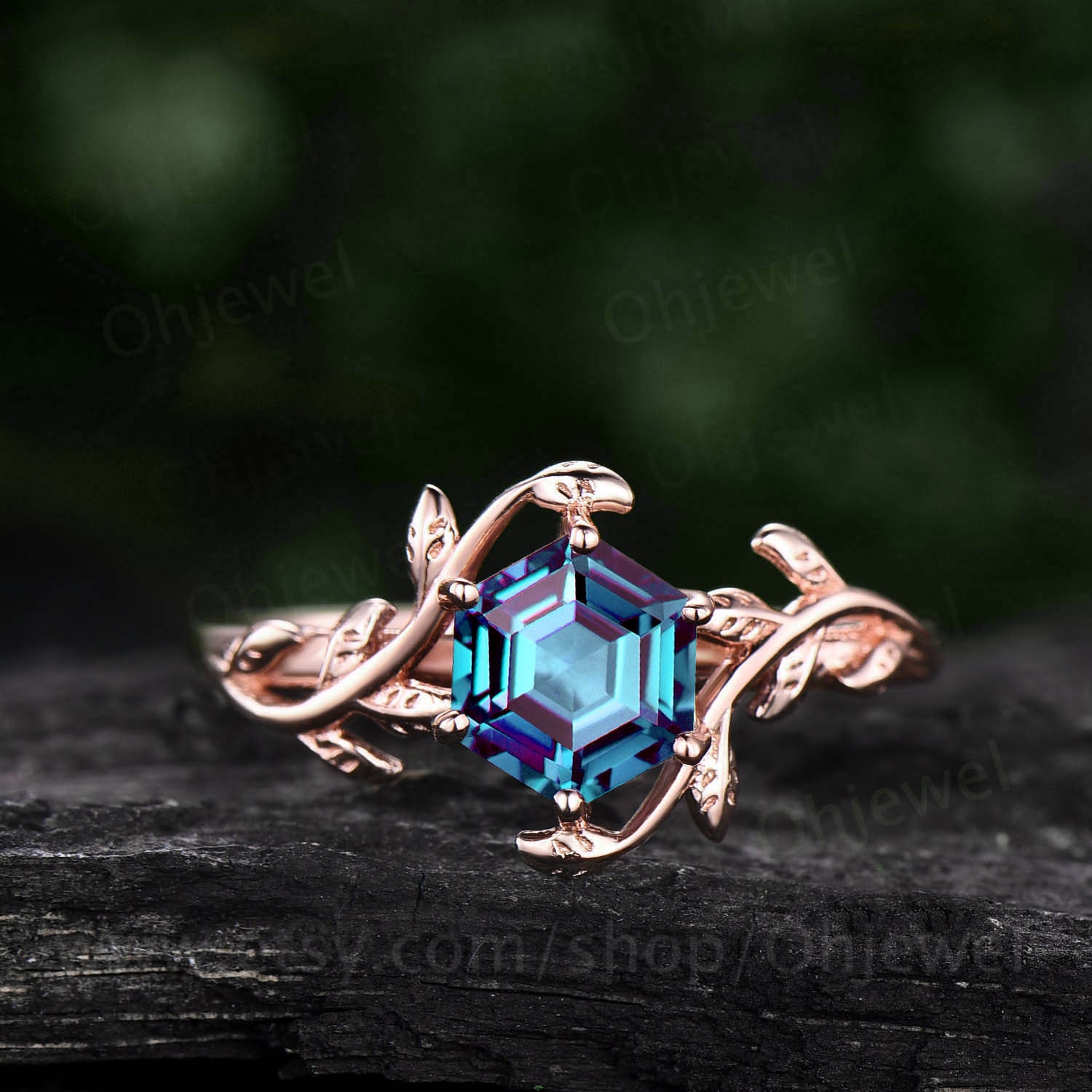 Twig Hexagon Alexandrite Engagement Ring Leaf Art Deco Branches