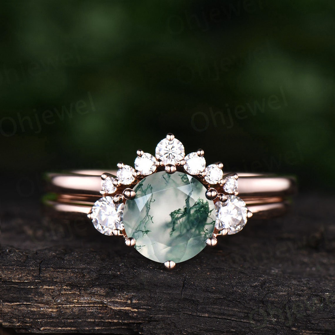 Round moss agate ring set vintage moss agate engagement ring | Etsy