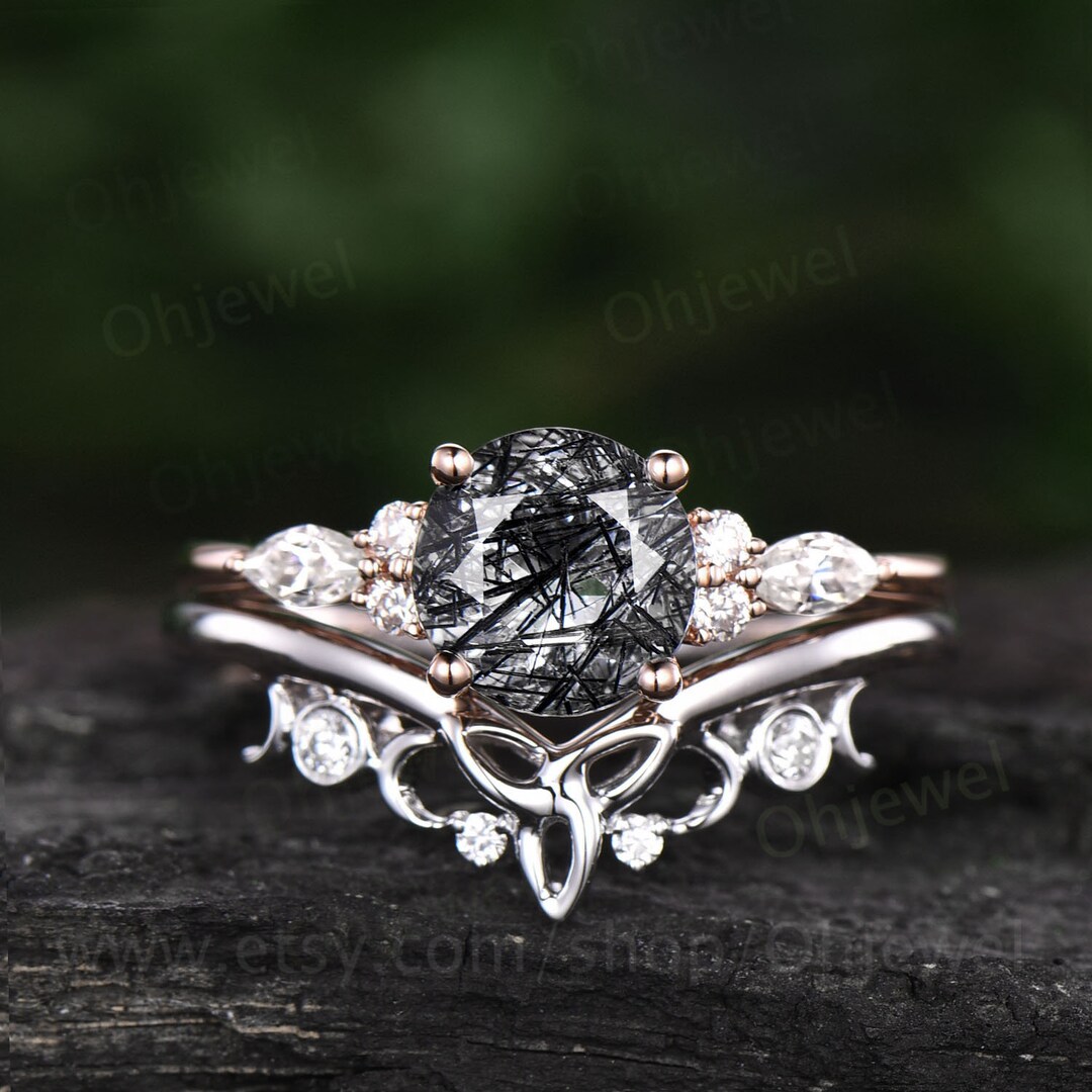 Vintage Round Black Rutilated Quartz Engagement Ring Set 14k
