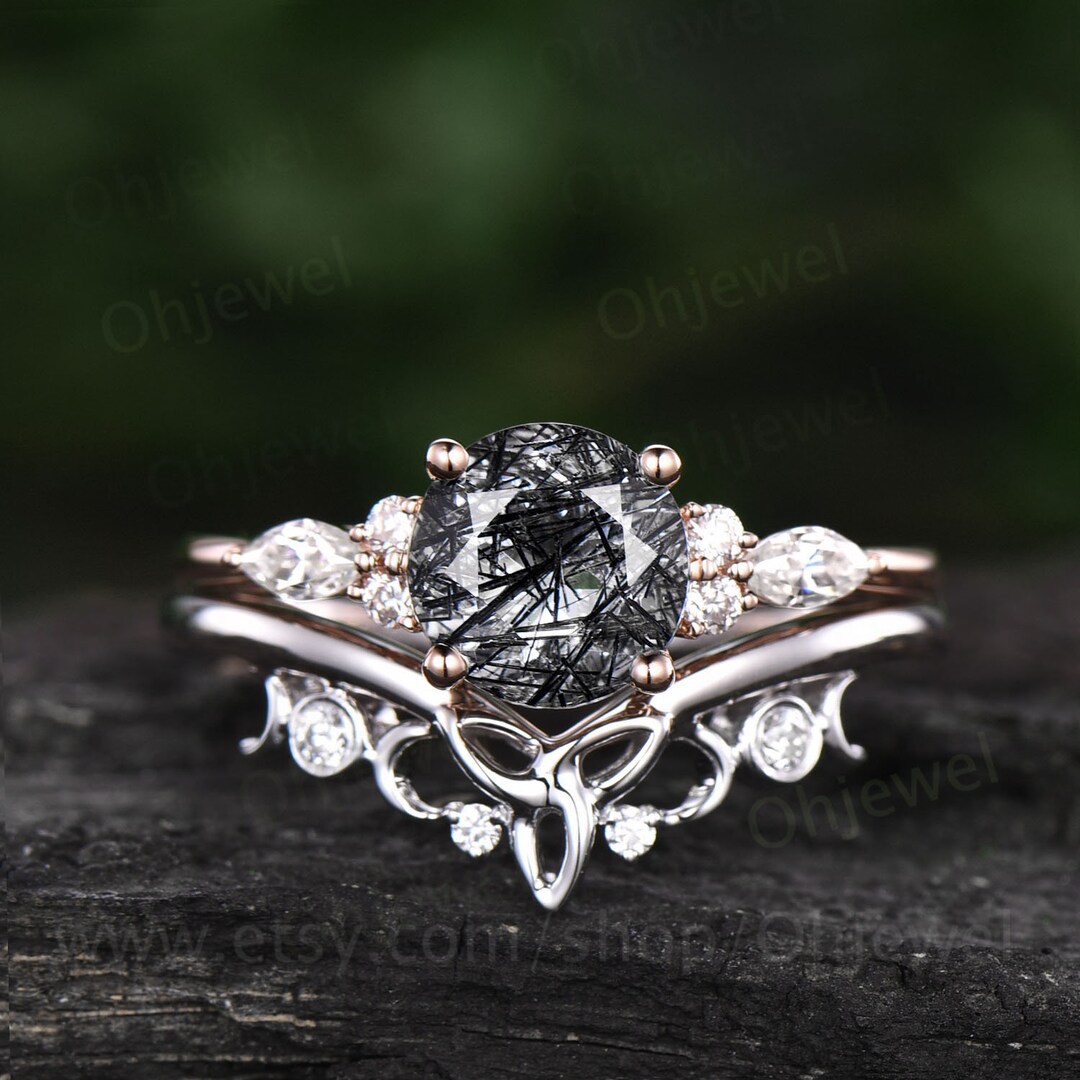 Vintage Black Rutilated Quartz Wedding Ring Set Unique Engagement Ring Set Rose Gold Cluster Black Onyx Bridal Set Women Anniversary Gift 2pcs Bridal