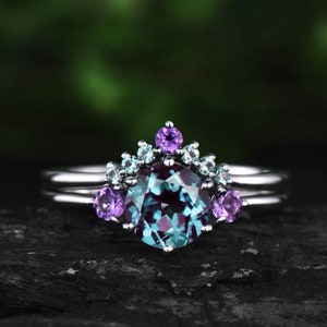 Vintage unique Three stone engagement ring color change 7mm alexandrite engagement ring set white gold amethyst ring June birthstone ring