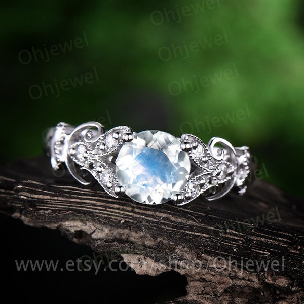 Anillo de compromiso de piedra lunar natural oro blanco 14K / 18K anillo de diamantes anillo de piedra lunar vintage regalo único promesa boda junio anillo de piedra de nacimiento