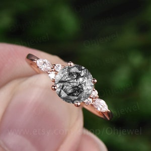 Vintage black rutilated quartz engagement ring rose gold marquise moissanite ring for women art deco unique ring bridal anniversary ring