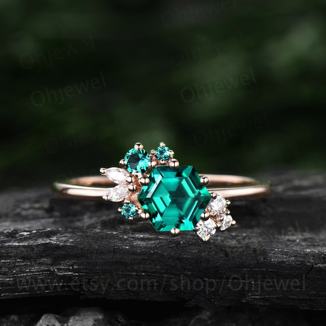Hexagon Cut Emerald Ring Gold Silver for Women Cluster Vintage Unique Emerald Engagement Ring Art Deco Moissanite Bridal Wedding Ring Gifts Etsy
