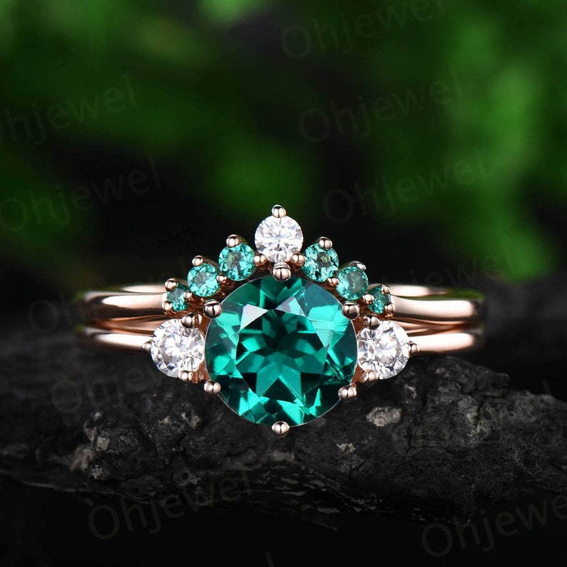 Three Stone Engagement Ring Emerald Engagement Ring Set Rose | Etsy