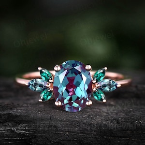 Unique oval cut Alexandrite engagement ring 14k rose gold cluster marquise cut emerald ring vintage anniversary ring women gift for her
