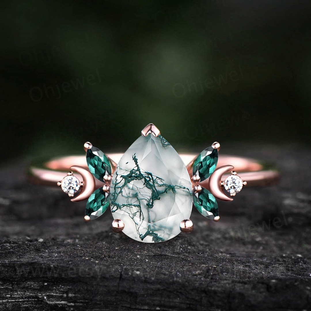 Unique Pear Shaped Green Moss Agate Engagement Ring Rose Gold Moon Ring ...