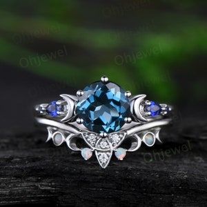 Round cut London blue topaz engagement ring white gold moon celtic knot sapphire opal stacking wedding anniversary ring set women