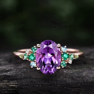Vintage amethsyt emerald engagement ring rose gold cluster snowdrift peridot topaz ring women unique moissanite bridal promise wedding ring