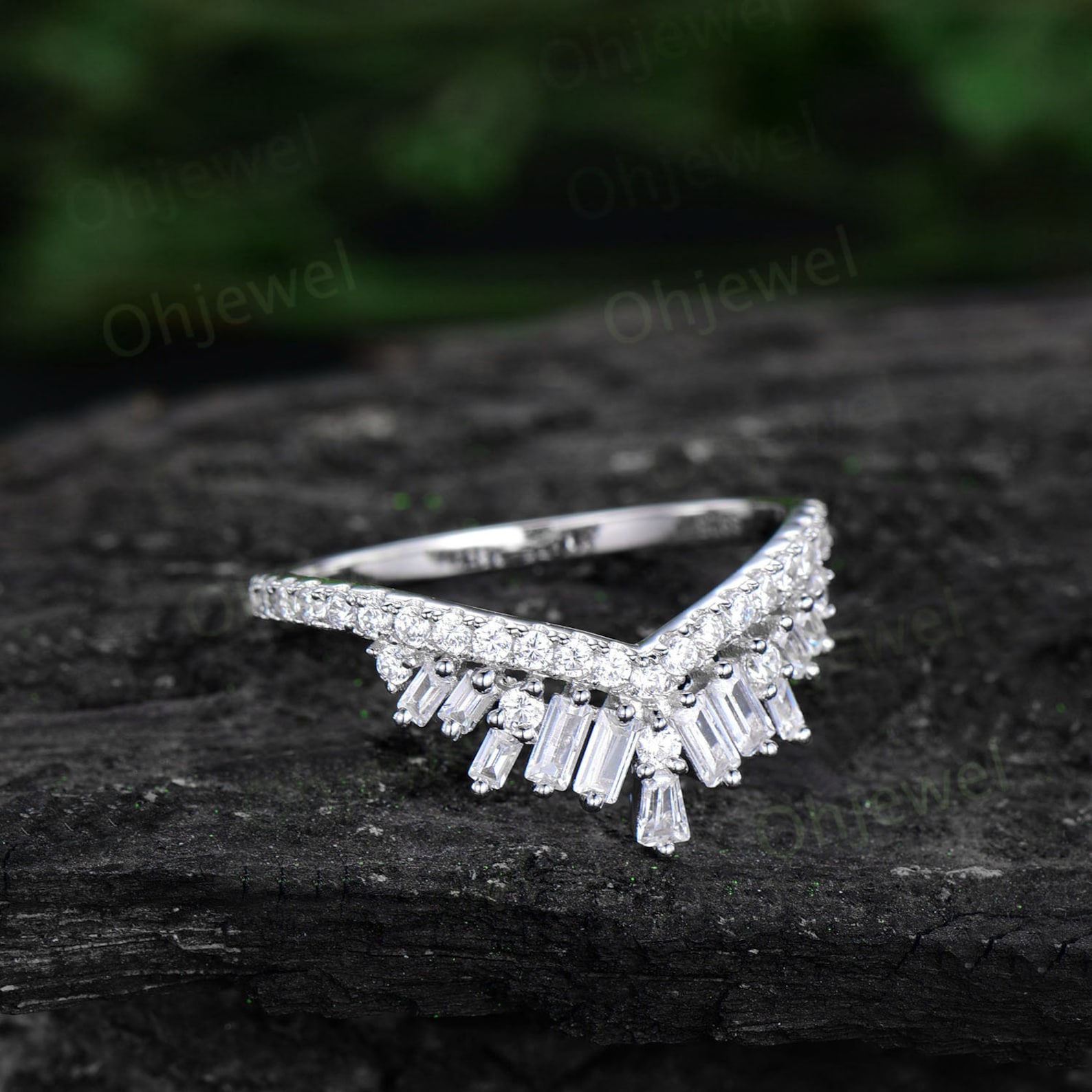 Vintage Baguette Cut Moissanite Wedding Band 14k White Gold Half ...