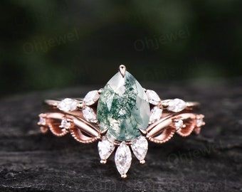Vintage pear shaped moss agate engagement ring set rose gold art deco crown milgrain marquise cut moissanite ring for women wedding ring set