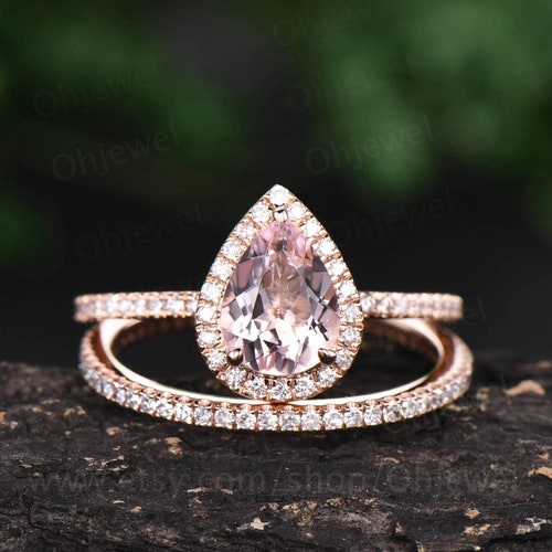 Morganite Engagement Ring Set Rose Gold Ring Diamond Halo Oval | Etsy