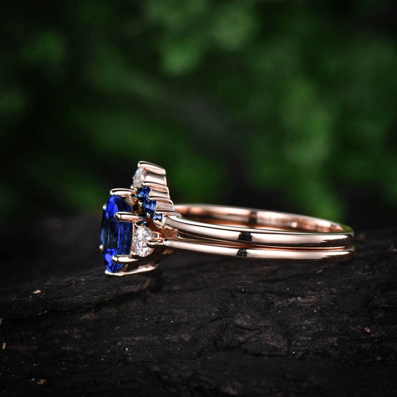 Vintage unique blue sapphire engagement ring set 14k rose gold three stone moissanite ring minimalist bridal wedding ring set for women gift image 4
