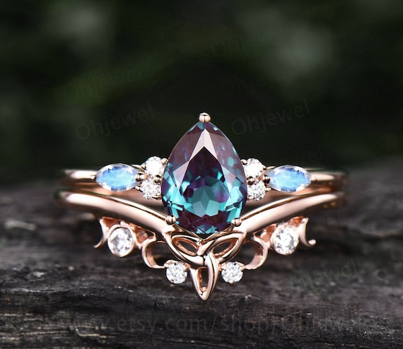 Unique Pear Shaped Alexandrite Engagement Ring Set Art Deco - Etsy